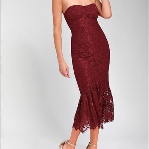 Divine Nights Burgundy Lace Strapless Midi Dress